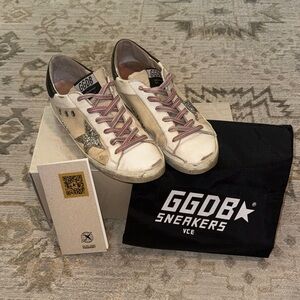 Golden Goose White Leather/Canvas Sneakers with Silver Glitter Star